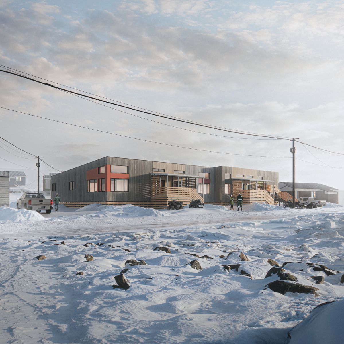 A 3D rendering of a modern fourplex with a flat roof, wood-paneled facade, and accent windows, set in a cold-weather environment. The structure features covered entryways with slatted railings, elevated porches, and surrounding utility elements like power lines and snow-covered roads.